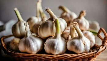 AI generated garlic in a basket on a table photo