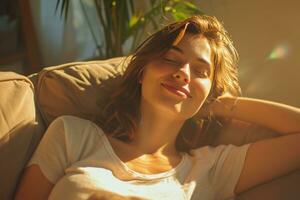 AI generated smiling young woman relaxing on the couch photo