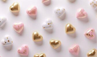 AI generated various pink and gold hearts float on a white background photo