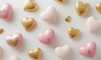 AI generated various pink and gold hearts float on a white background photo