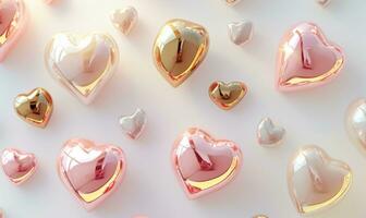 AI generated various pink and gold hearts float on a white background photo