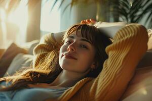 AI generated smiling young woman relaxing on the couch photo