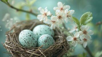 AI generated Tranquil scenes of nests, feathers, and delicate blossoms evoke Easter tranquility photo