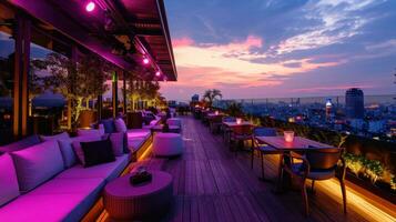 AI generated Trendy rooftop party with panoramic views, modern decor, and a vibrant atmosphere for celebration photo