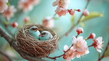 AI generated Tranquil scenes of nests, feathers, and delicate blossoms evoke Easter tranquility photo