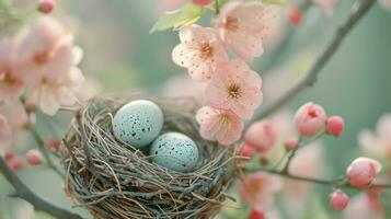 AI generated Tranquil scenes of nests, feathers, and delicate blossoms evoke Easter tranquility photo