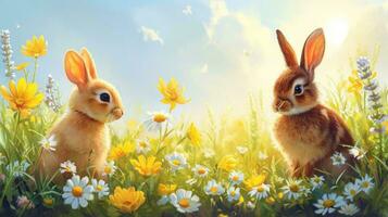 AI generated Sunbeams, wildflowers, and cheerful animals in a picturesque Easter landscape photo