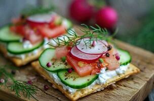 AI generated two crackers with vegetables and cucumbers on a board photo