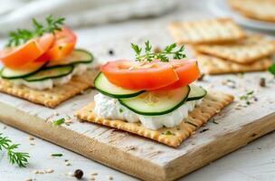 AI generated two crackers with vegetables and cucumbers on a board photo