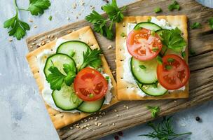 AI generated two crackers with vegetables and cucumbers on a board photo