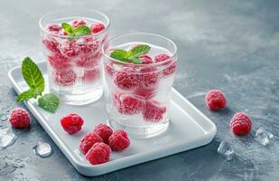 AI generated two glasses with raspberries and mint decorate a white tray photo