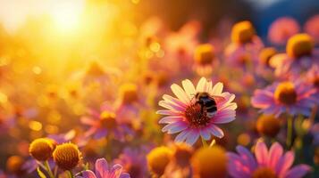 AI generated Wildflowers, buzzing bees, and a vibrant sun bring spring's lively spirit photo