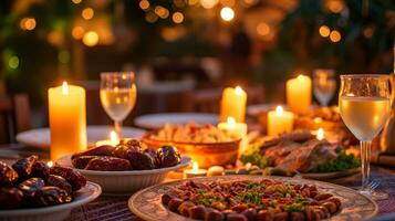 ai generado calentar alumbrado por velas ajuste con fechas, tradicional platos, y un espíritu de unión con Copiar espacio. foto