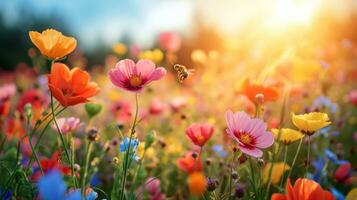 AI generated Wildflowers, buzzing bees, and a vibrant sun bring spring's lively spirit photo