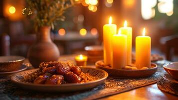 AI generated Warm candlelit setting with dates, traditional dishes, and a spirit of togetherness with copy space. photo