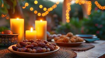 AI generated Warm candlelit setting with dates, traditional dishes, and a spirit of togetherness with copy space. photo