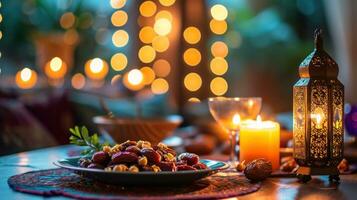 AI generated Warm candlelit setting with dates, traditional dishes, and a spirit of togetherness with copy space. photo