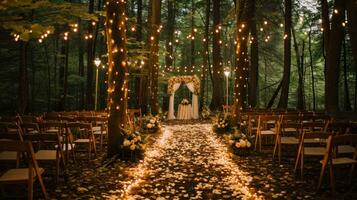 AI generated Whimsical woodland wedding with enchanting lights and natural beauty photo