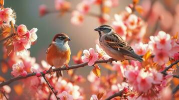 AI generated Singing birds, musical notes, and blossoming branches set a harmonious scene photo