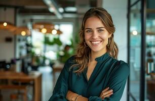 AI generated woman smiling with arms folded at a office photo