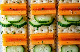 AI generated sliced crackers with carrots and cucumber photo