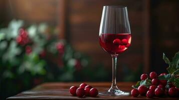 AI generated red wine in the glass in dark wood background with cranberries photo