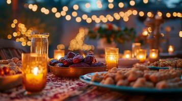 AI generated Warm candlelit setting with dates, traditional dishes, and a spirit of togetherness with copy space. photo