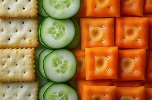 AI generated sliced crackers with carrots and cucumber photo