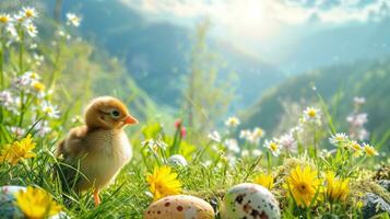 ai generado rayos de sol, flores silvestres, y alegre animales en un pintoresco Pascua de Resurrección paisaje foto