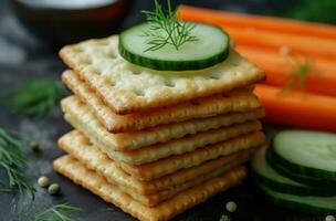 AI generated sliced crackers with carrots and cucumber photo