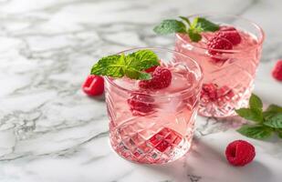 AI generated two glasses with raspberries and mint decorate a white tray photo