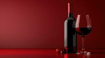 AI generated red wine bottle and glass of red wine on a red background photo