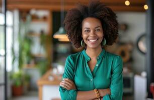 AI generated woman smiling with arms folded at a office photo