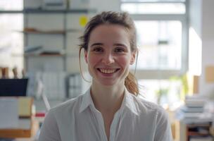 ai generado mujer sonriente con oficina trabajo materiales en frente de su foto