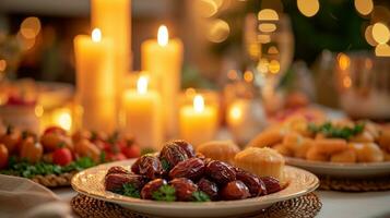 AI generated Warm candlelit setting with dates, traditional dishes, and a spirit of togetherness with copy space. photo