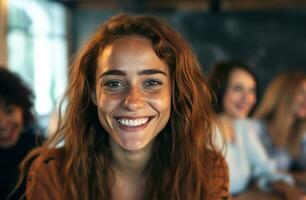 ai generado joven mujer sonriente a el cámara en un conferencia habitación foto