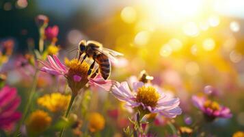 AI generated Wildflowers, buzzing bees, and a vibrant sun bring spring's lively spirit photo