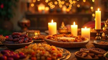 AI generated Warm candlelit setting with dates, traditional dishes, and a spirit of togetherness with copy space. photo