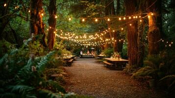 AI generated Whimsical woodland wedding with enchanting lights and natural beauty photo