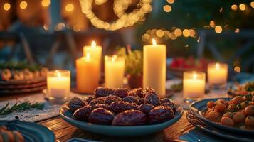 AI generated Warm candlelit setting with dates, traditional dishes, and a spirit of togetherness with copy space. photo