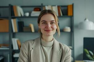 AI generated woman smiling with office work materials in front of her photo