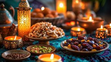 AI generated Warm candlelit setting with dates, traditional dishes, and a spirit of togetherness with copy space. photo
