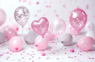 AI generated a white background with pink balloons and hearts photo