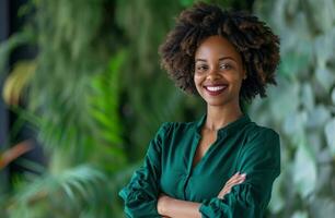 AI generated woman smiling with arms folded at a office photo