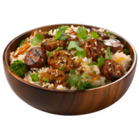 AI generated fried rice in a wooden bowl isolated on transparent background ,generative ai png