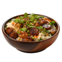 AI generated fried rice in a wooden bowl isolated on transparent background ,generative ai png