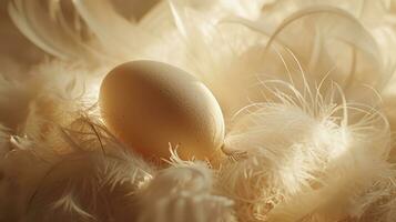 ai generado un huevo con plumas y plumas en un superficie foto