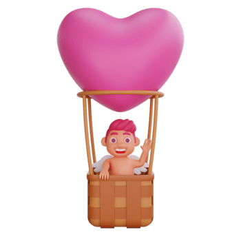 3d Illustration von Valentinstag Amor Charakter winken von ein herzförmig heiß Luft Ballon png