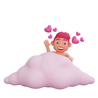 3d illustrazione di San Valentino Cupido personaggio nascondiglio dietro a rosa nube mentre agitando png