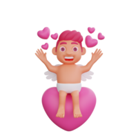 3d illustratie van Valentijn Cupido karakter zittend boven een groot hart terwijl golvend png